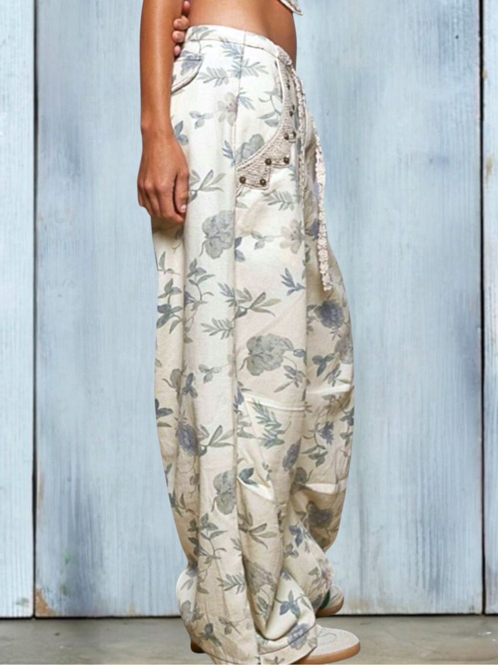 POL Cottagecore Floral Wide Leg Pants Boho Crochet Lace Studded Cotton Large - Picture 2 of 15